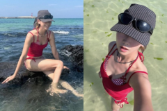 赤い水着にギンガムチェックのビキニを重ね着✨爽やかな済州島ビーチルック
